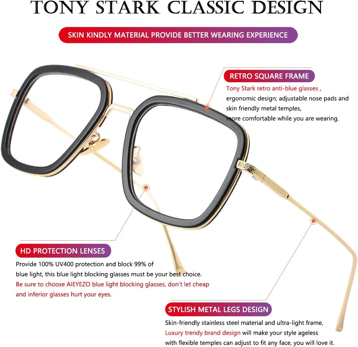AIEYEZO Tony Stark Sunglasses Vintage Square Metal Frame Eyeglasses for Men Women - Iron Man and Edith Sun Glasses