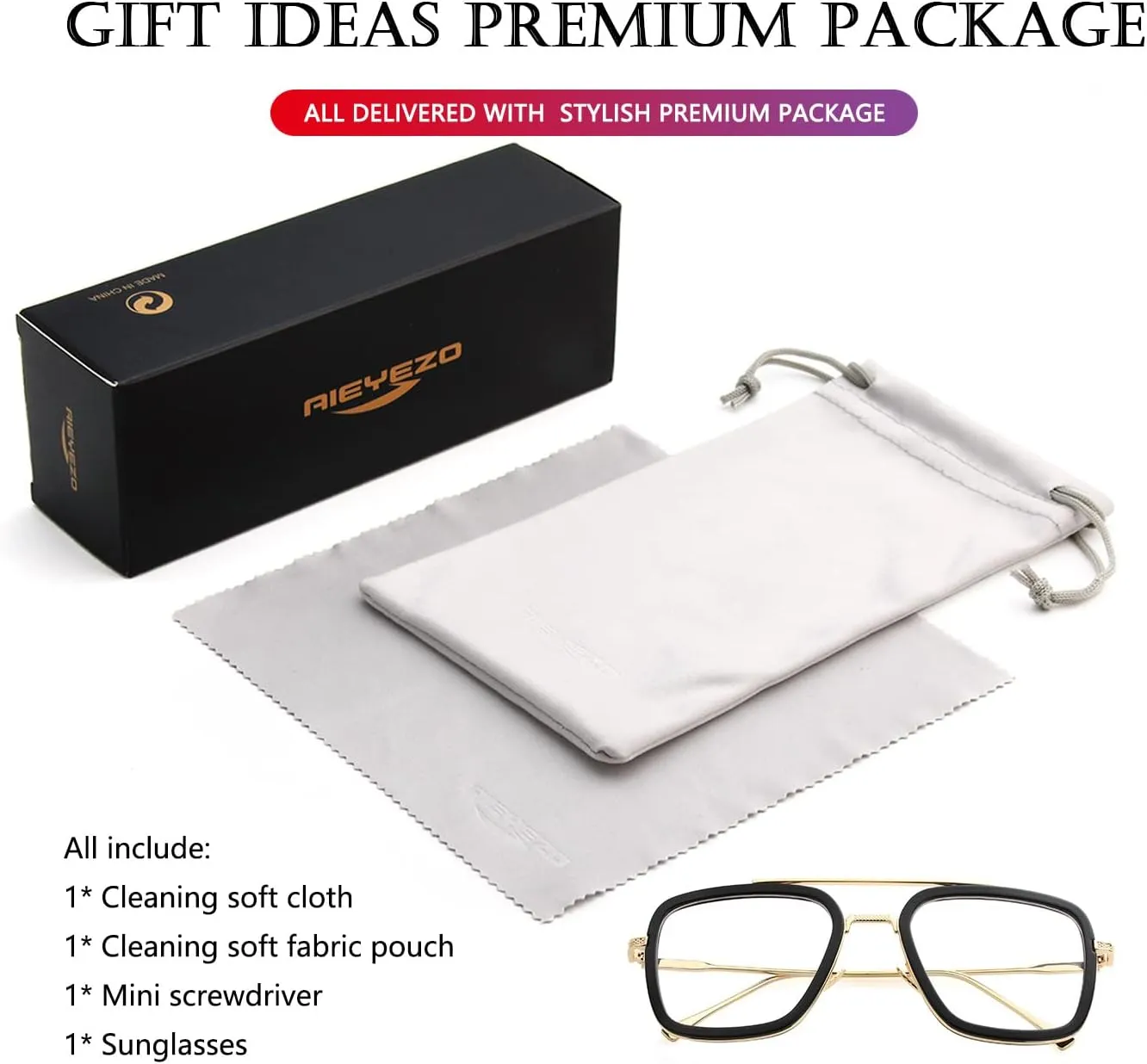AIEYEZO Tony Stark Sunglasses Vintage Square Metal Frame Eyeglasses for Men Women - Iron Man and Edith Sun Glasses
