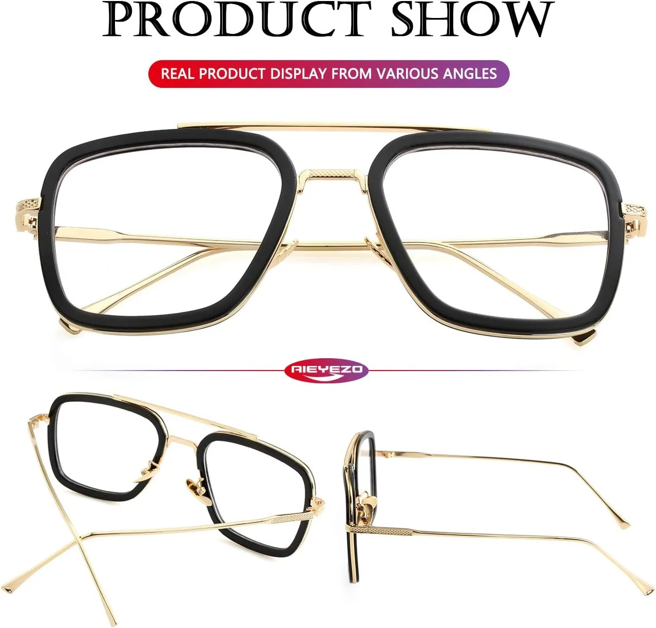 AIEYEZO Tony Stark Sunglasses Vintage Square Metal Frame Eyeglasses for Men Women - Iron Man and Edith Sun Glasses