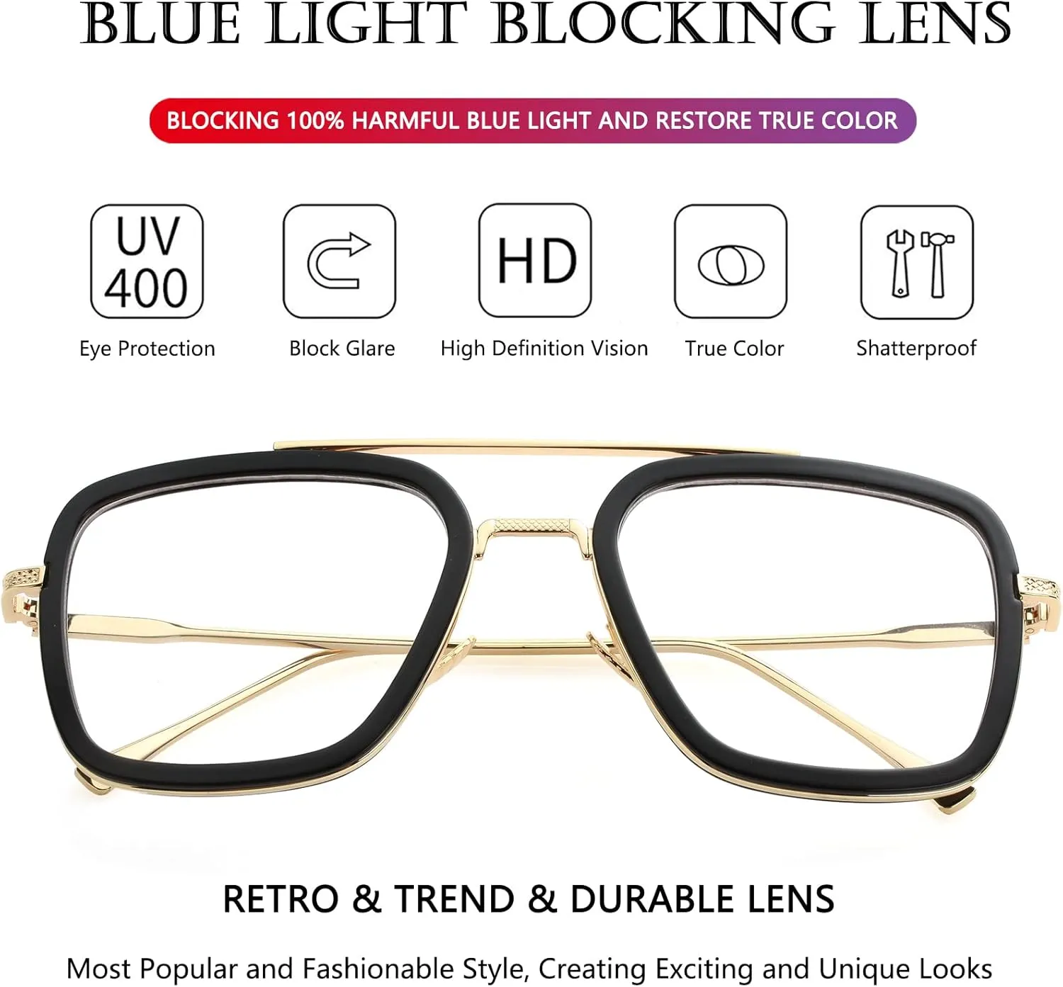 AIEYEZO Tony Stark Sunglasses Vintage Square Metal Frame Eyeglasses for Men Women - Iron Man and Edith Sun Glasses