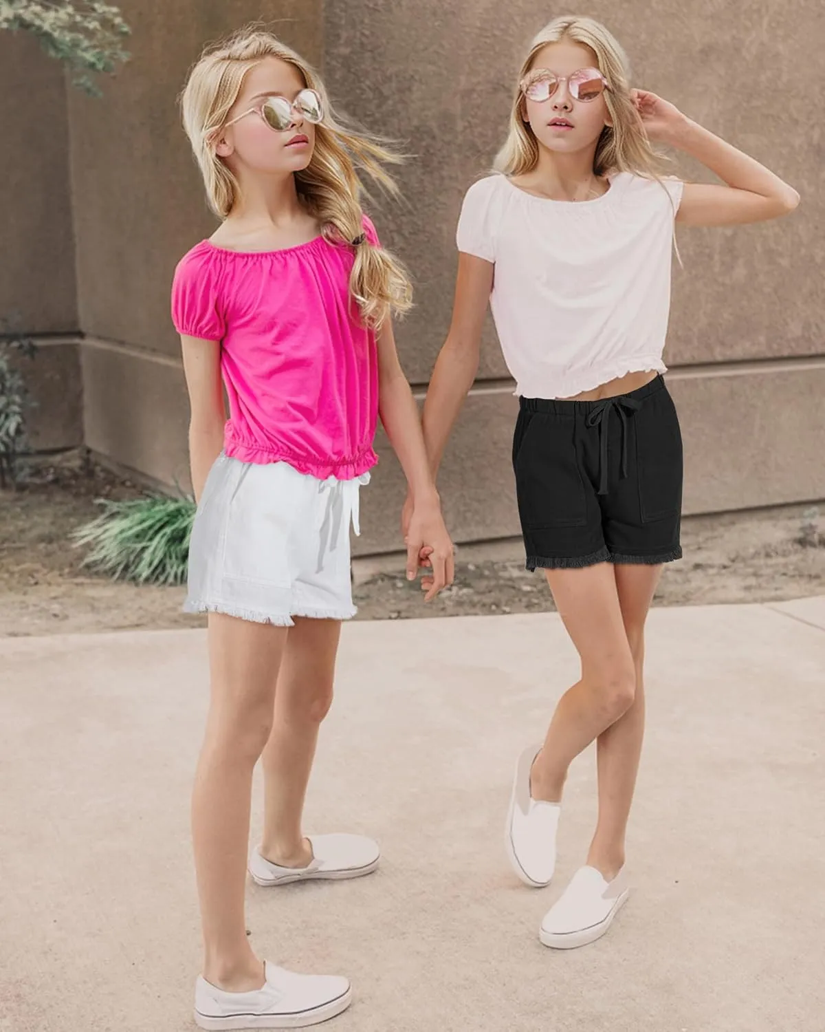 BOOPH Little Girls Jean Shorts Denim Elastic Waist Drawstring Shorty Shorts for Teen Girls