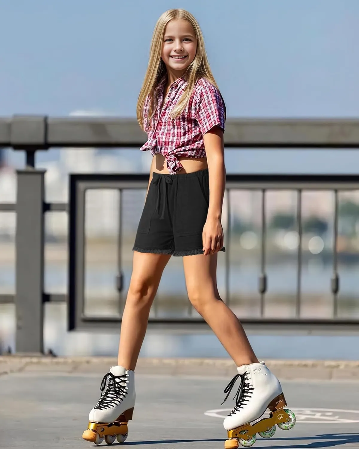 BOOPH Little Girls Jean Shorts Denim Elastic Waist Drawstring Shorty Shorts for Teen Girls