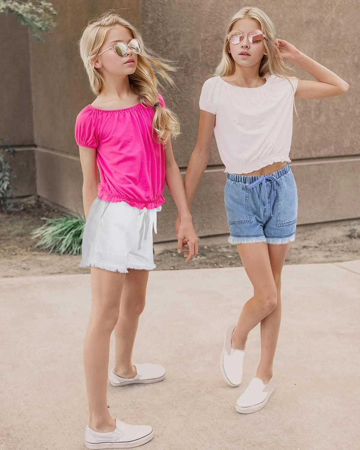 BOOPH Little Girls Jean Shorts Denim Elastic Waist Drawstring Shorty Shorts for Teen Girls