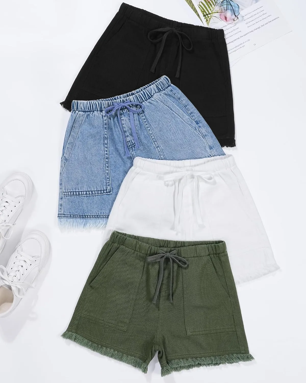 BOOPH Little Girls Jean Shorts Denim Elastic Waist Drawstring Shorty Shorts for Teen Girls
