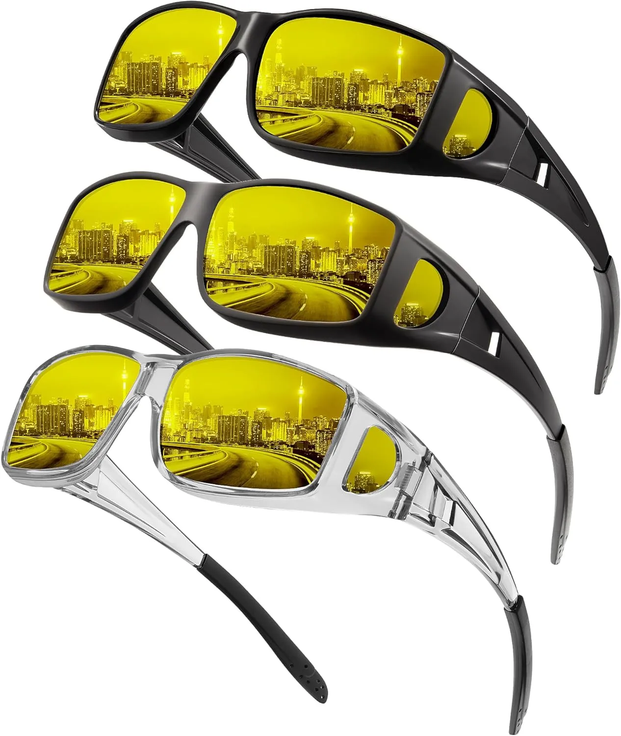 KALIYADI Night-Vision-Glasses Fit-Over-Glasses Wrap-Around Glasses: Anti Glare Night Driving Glasses for men women HD Lens