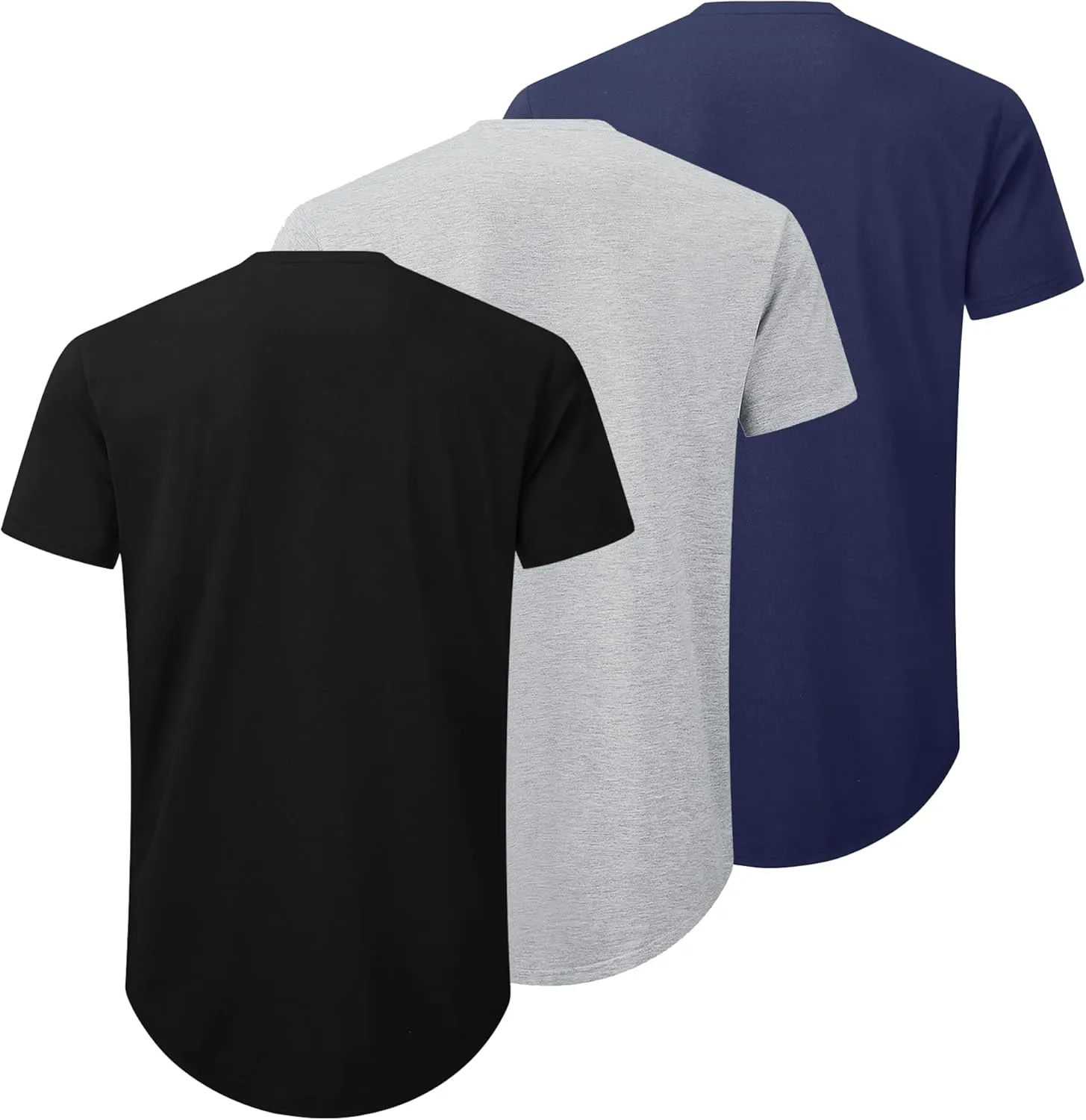 Mens 3 Pack Plain Cotton Shirts Short Sleeve Casual Crew Neck T-Shirts Hipster Hip Hop Longline Tees Drop Cut Curved Hem
