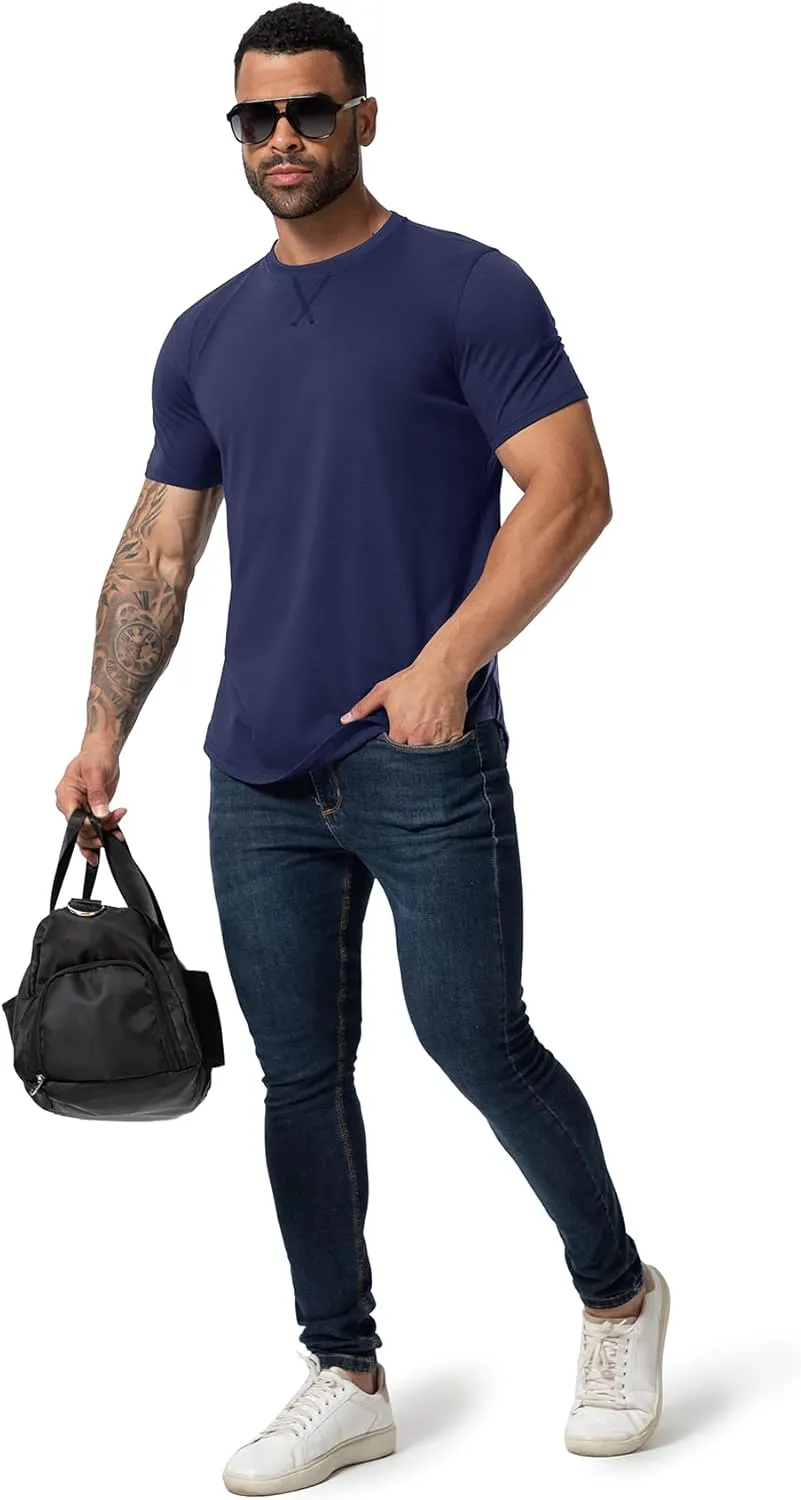 Mens 3 Pack Plain Cotton Shirts Short Sleeve Casual Crew Neck T-Shirts Hipster Hip Hop Longline Tees Drop Cut Curved Hem