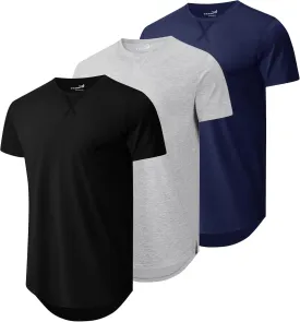 Mens 3 Pack Plain Cotton Shirts Short Sleeve Casual Crew Neck T-Shirts Hipster Hip Hop Longline Tees Drop Cut Curved Hem